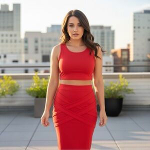 Red 2-Piece Crop Top and Pencil Skirt Set - Size L